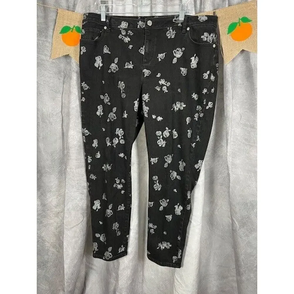 Michael Kors Izzy Cropped Skinny Black Jeans with Silver Flowers Size 16W